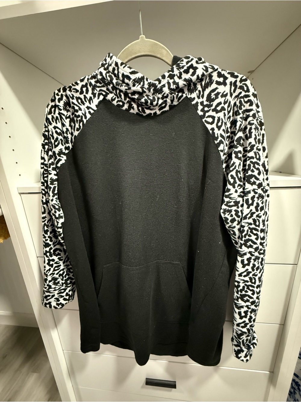 LuLaRoe Black Crewneck Sweater with Black & White Animal Print Sleeves